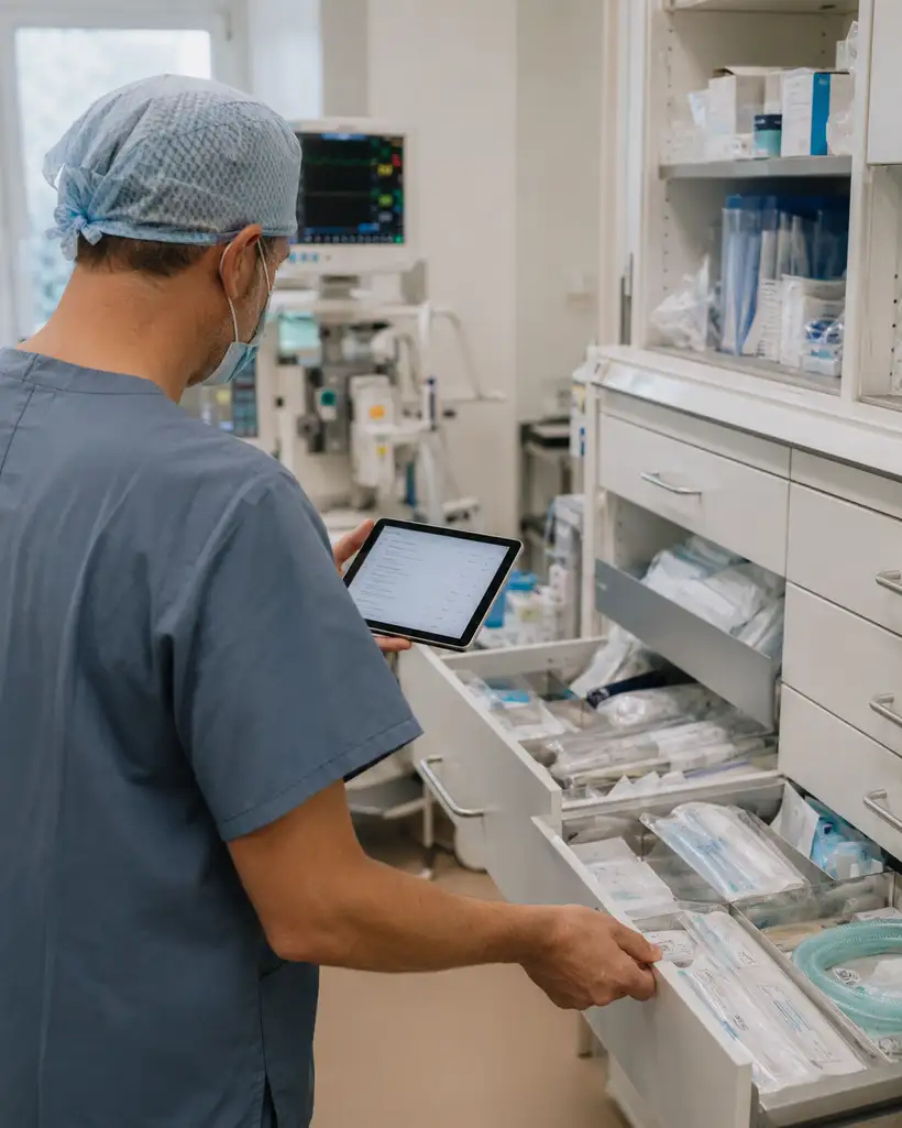 Anästhesist prüft mit dem aposprint-Tablet den Bestand im OP-Lager